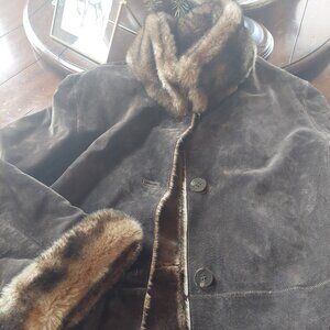 Womens Brown Leather with faux sheerling coat Size XL